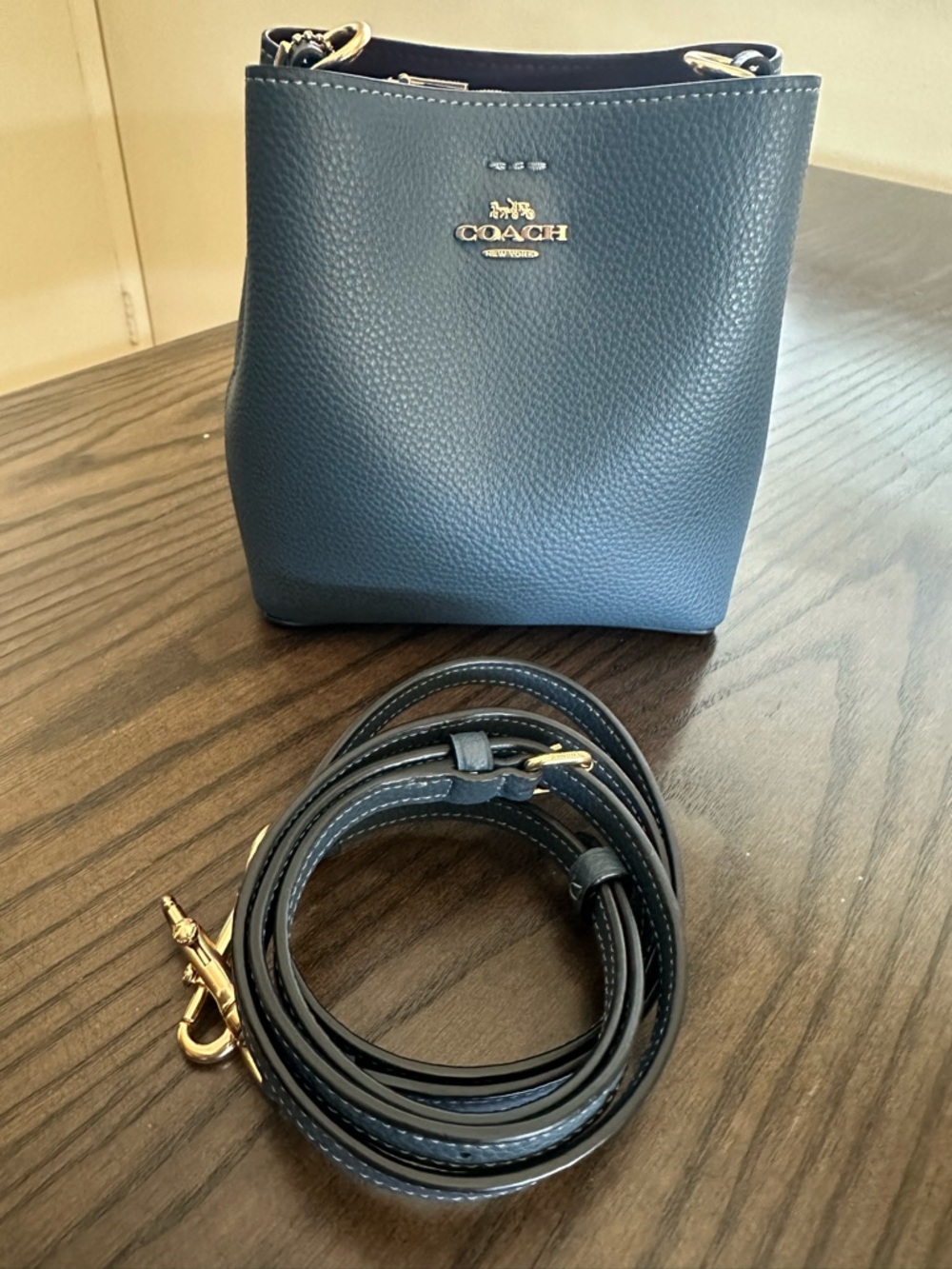 Coach Blue Pebbled Leather Bucket Bag with Gold Hardware